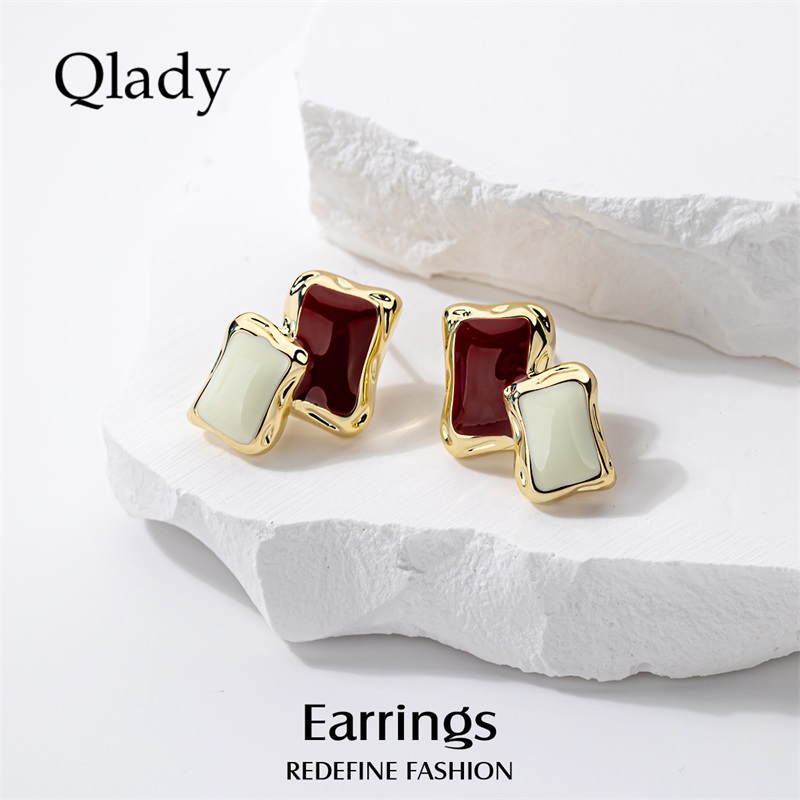 酒红耳钉，秋冬高级感爆棚！Qlady纯银耳环，小众独特气质拉满