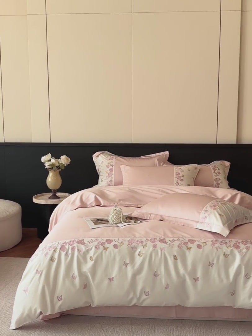 粉色蝴蝶刺绣四件套，我的少女心被窝！