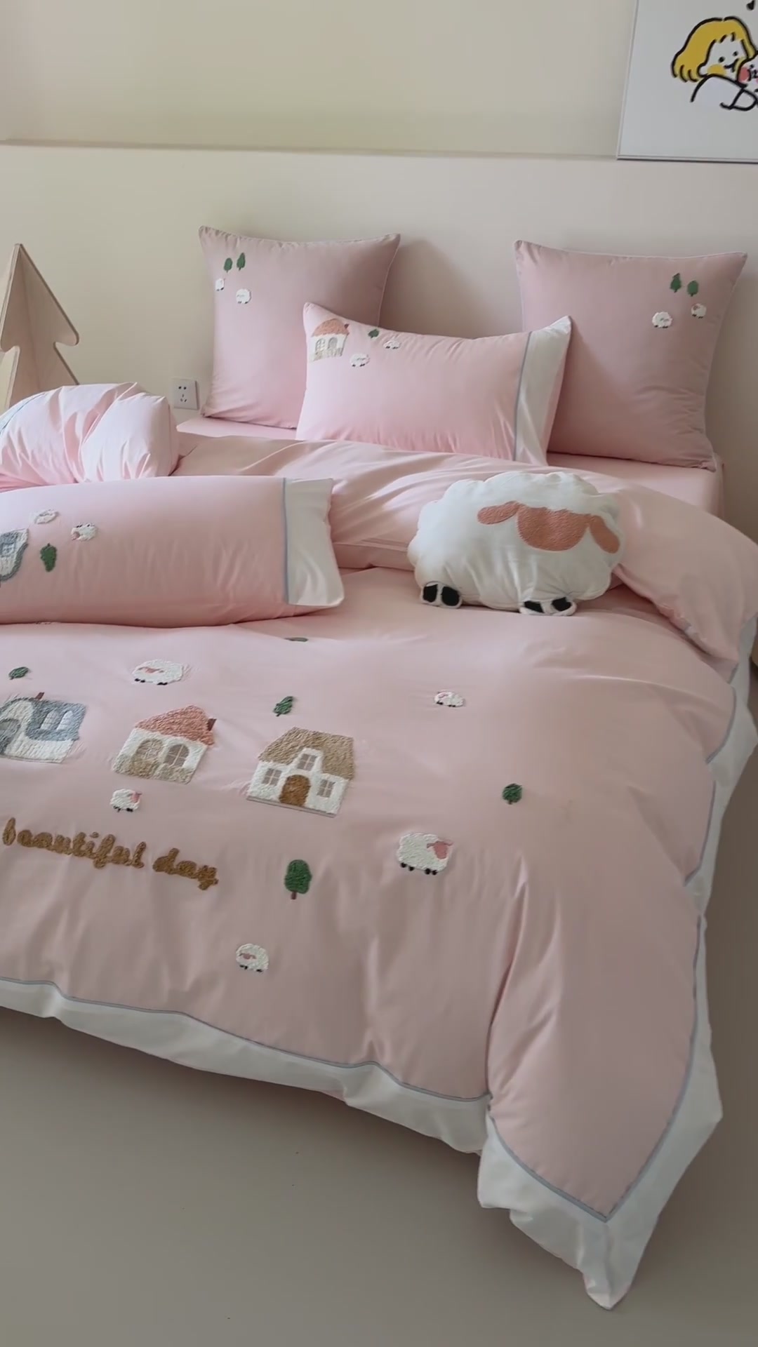 MACT卡通少女全棉水洗棉四件套：可爱小房子毛巾绣，治愈系床品体验