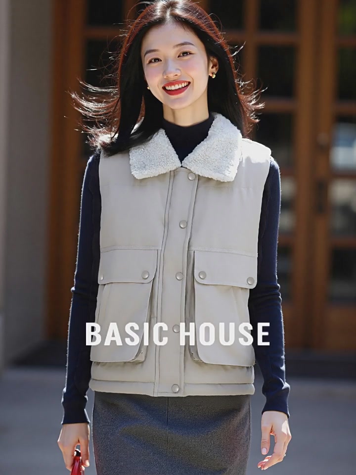 百家好BASICHOUSE米白色毛毛翻领马夹外套：2026冬的温暖挑战，我赢了！