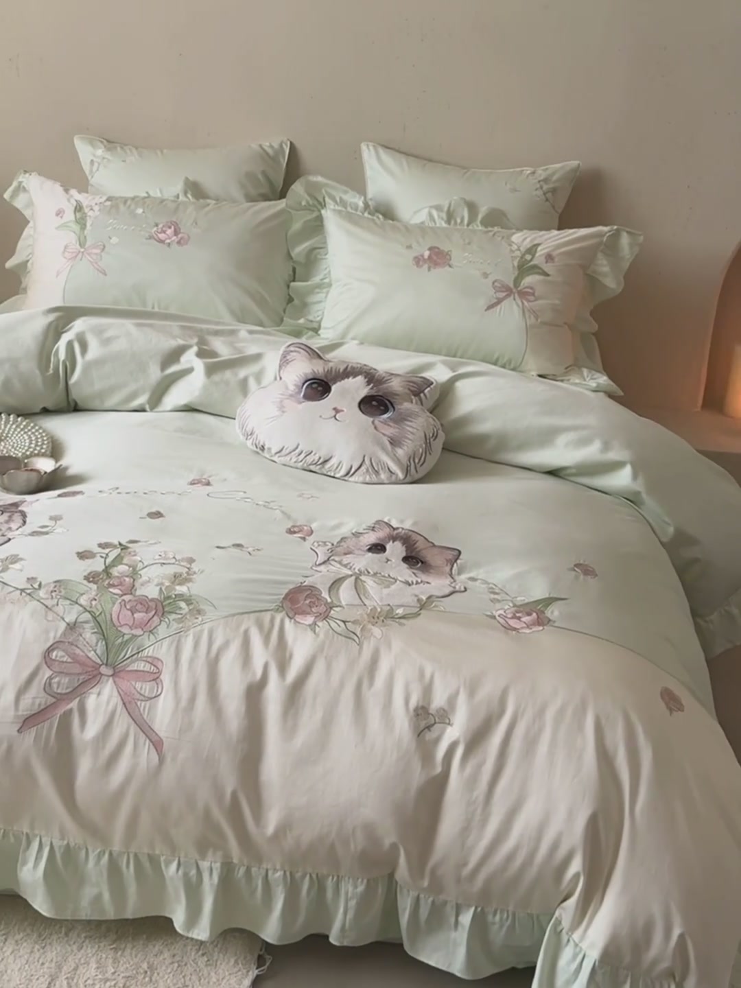 少女心爆棚！MACT小猫刺绣四件套，治愈系床品界的颜值天花板