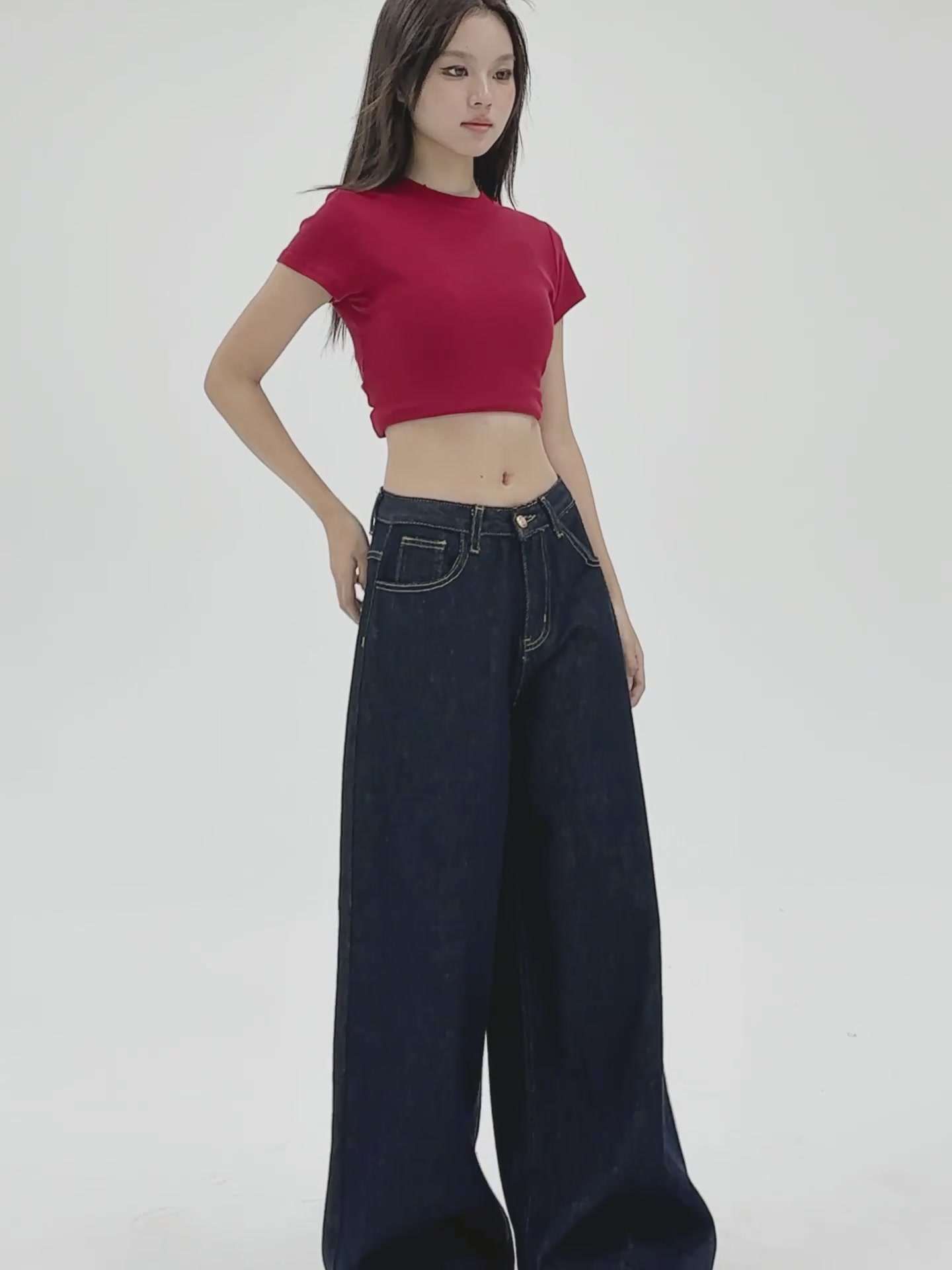 深蓝色加绒阔腿裤，冬天也能慵懒又温暖！