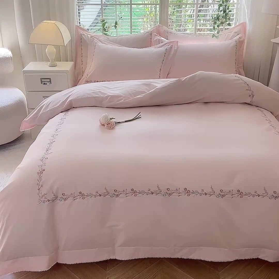 MACT全棉A类水洗棉四件套，小清新绣花田园风，宽边工艺款床品分享