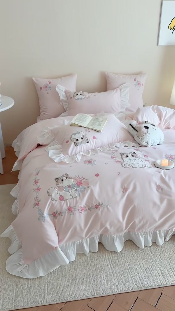少女心炸裂！这款猫咪刺绣四件套让我每天只想赖床🐱