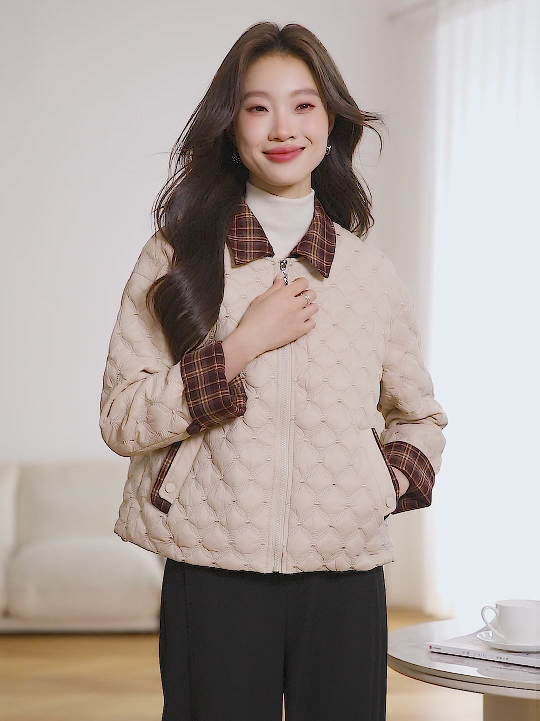 小个子福音！这件格纹拼接菱格外套也太显瘦了吧💕