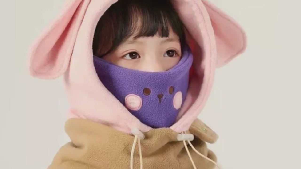 6735900、聚又多 卡通图案儿童帽子冬天保暖男童护耳帽防风加绒女童套头帽围巾一体